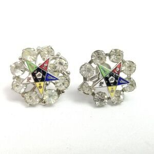 Vintage Masonic Eastern Star Rhinestone Enamel Clip On Earrings, Estate